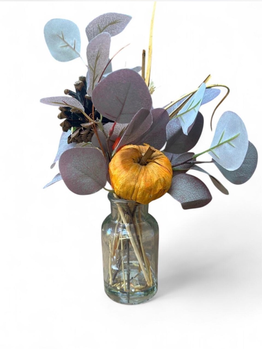 Artificial Eucalyptus & Pinecone Arrangement in Glass Vase - Purple and Gold